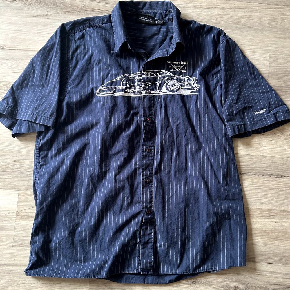VNTG Y2K Fender Embroidered Hot Rod Pinstriped Button Down Navy Blue Shirt Sz XL
